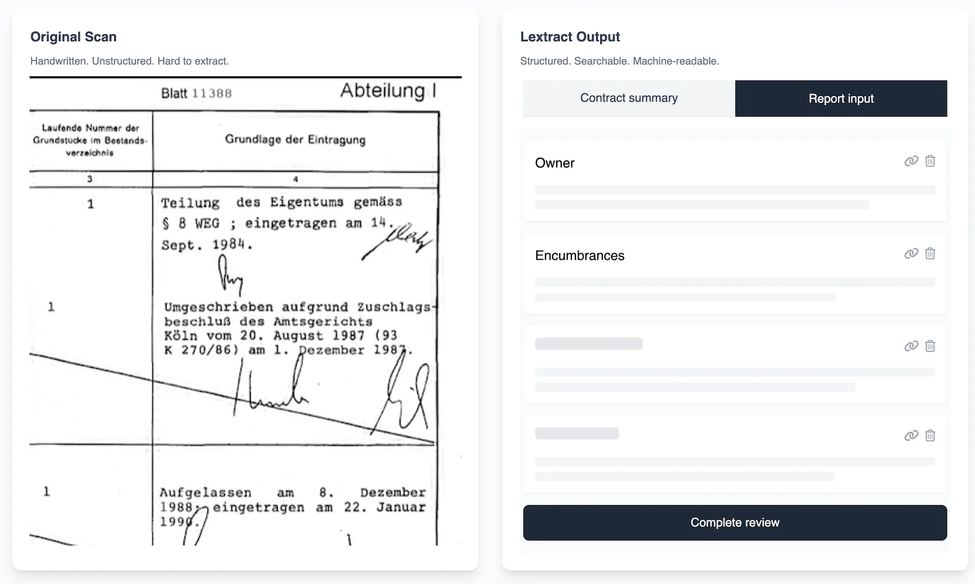 Zwei Fenster nebeneinander: links der handschriftliche Originalscan, rechts die ausgelesene Fassung in Feldern wie Eigentümer und Belastungen