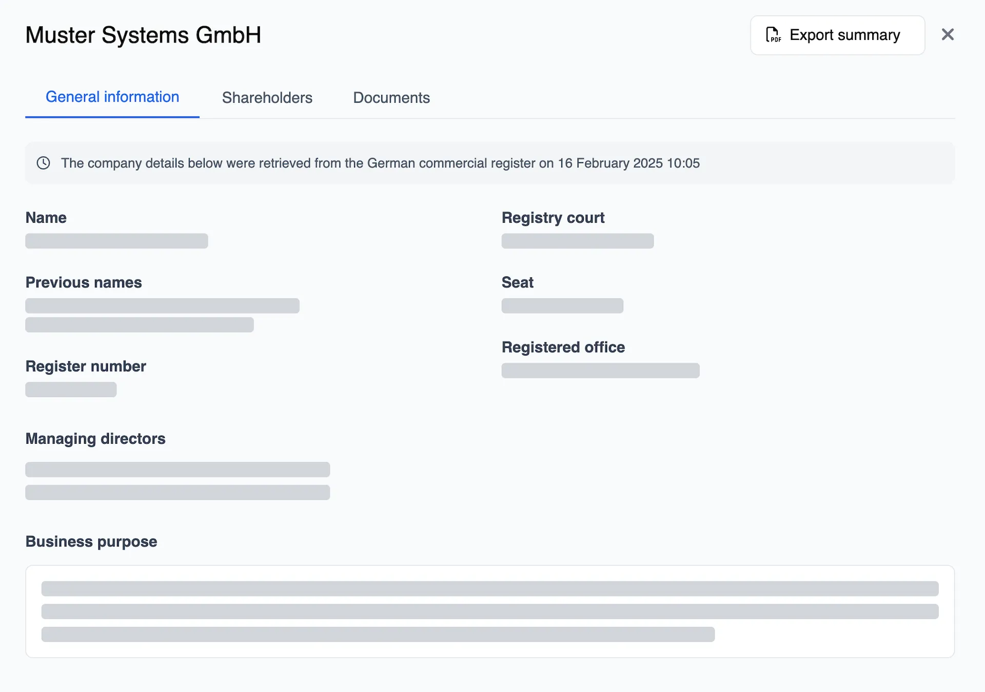 Datenblatt einer Gesellschaft mit Registergericht, Sitz, Geschäftsführung und Unternehmensgegenstand, darüber Datum und Uhrzeit des Abrufs aus dem Handelsregister