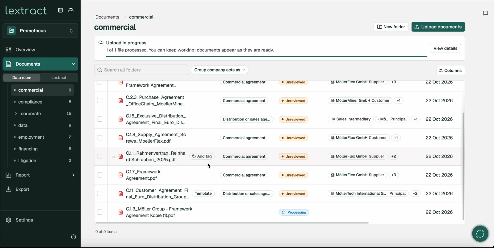 Document list in Lextract showing document type, status and entity for each contract