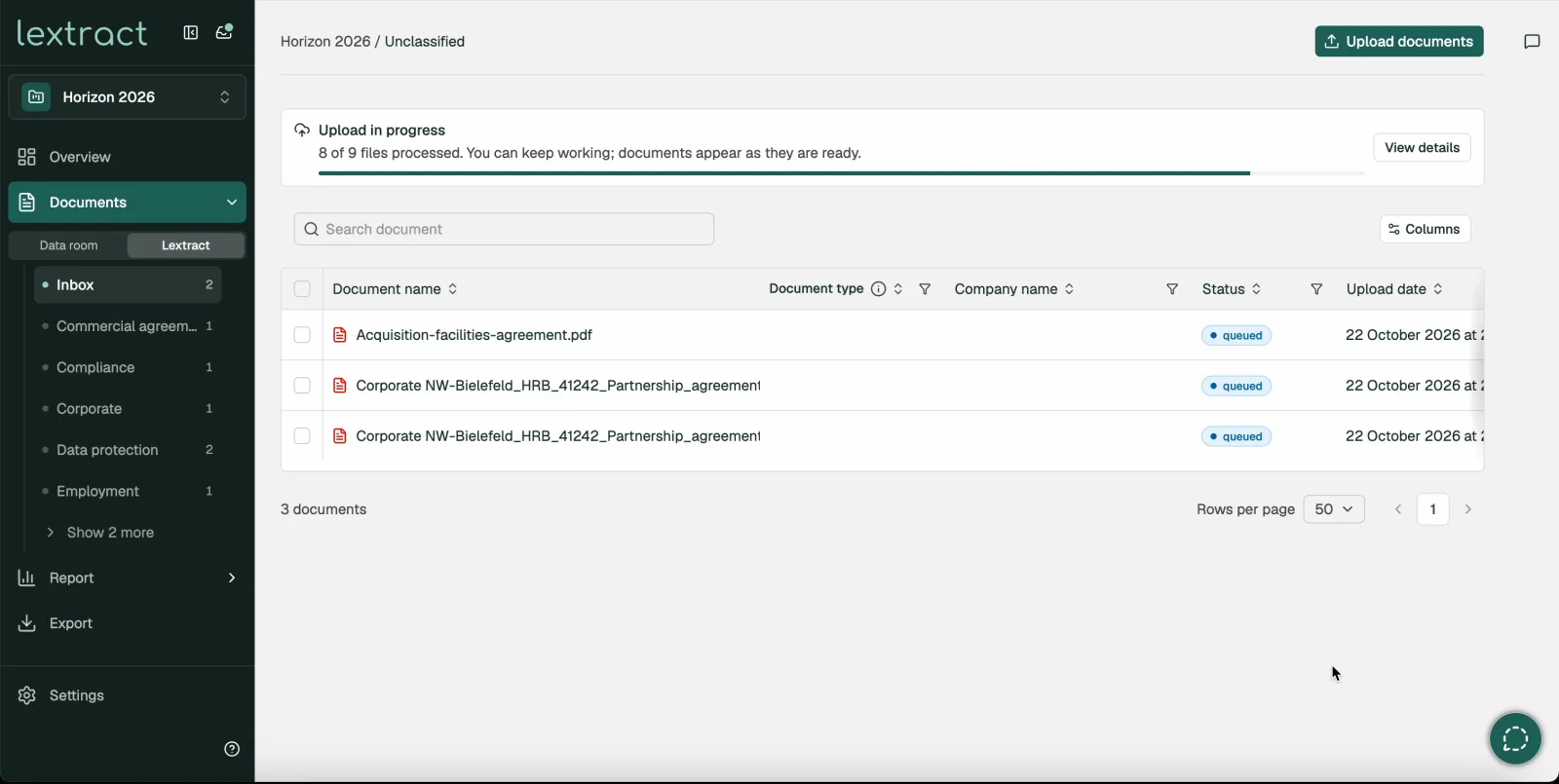 Inbox in Lextract with documents awaiting confirmation