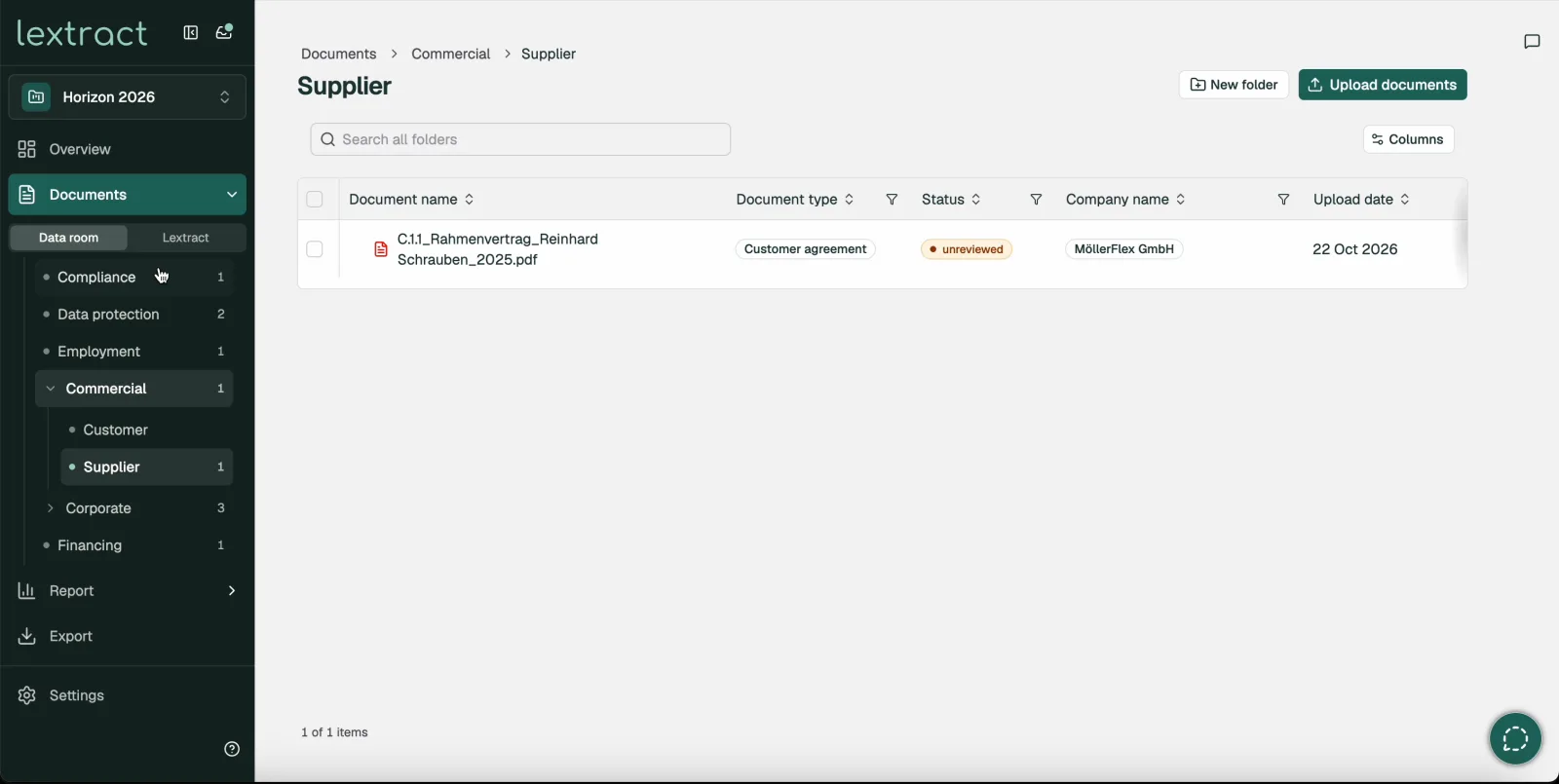 View toggle for ‘Data room’ and ‘Lextract’ in the sidebar